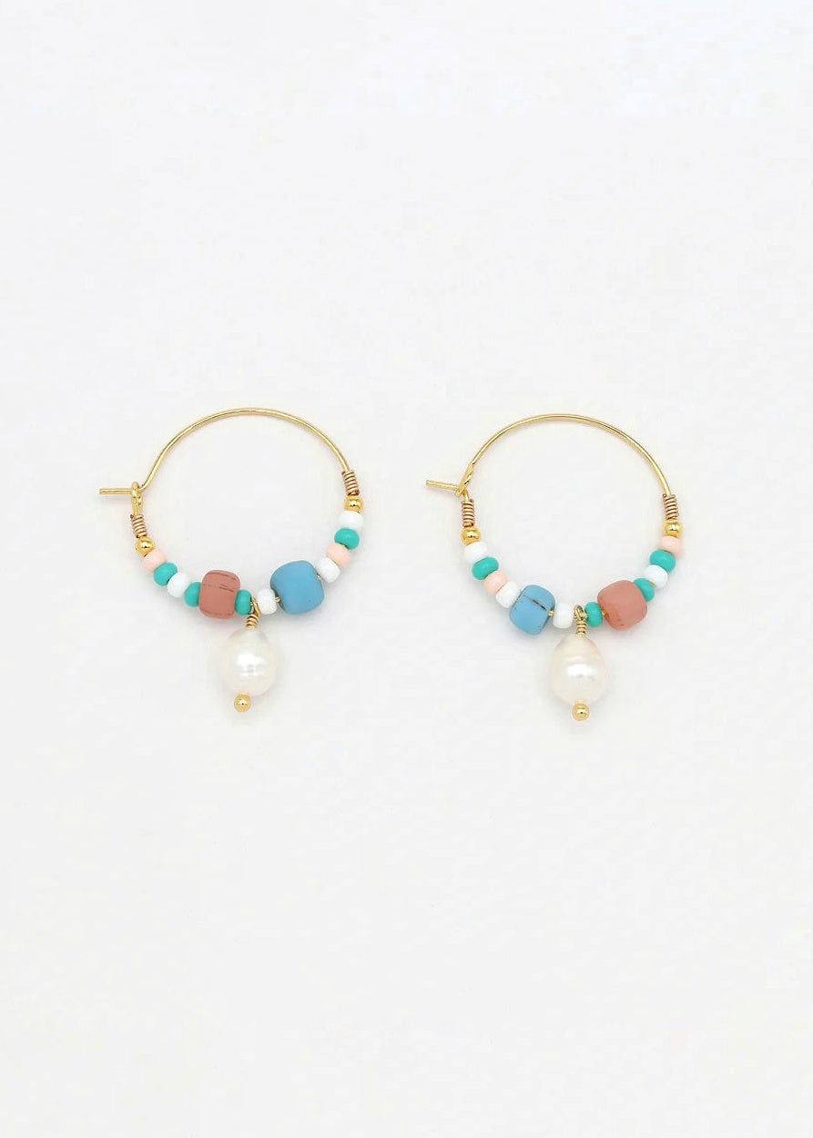 Pecahan Titik Beaded Pearl Hoop Earrings