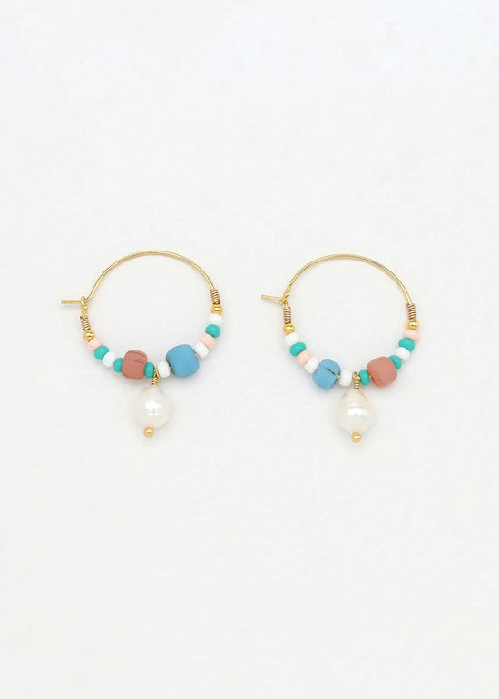 Pecahan Titik Beaded Pearl Hoop Earrings