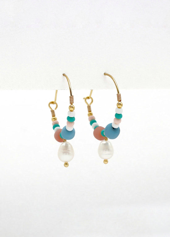 Pecahan Titik Beaded Pearl Hoop Earrings