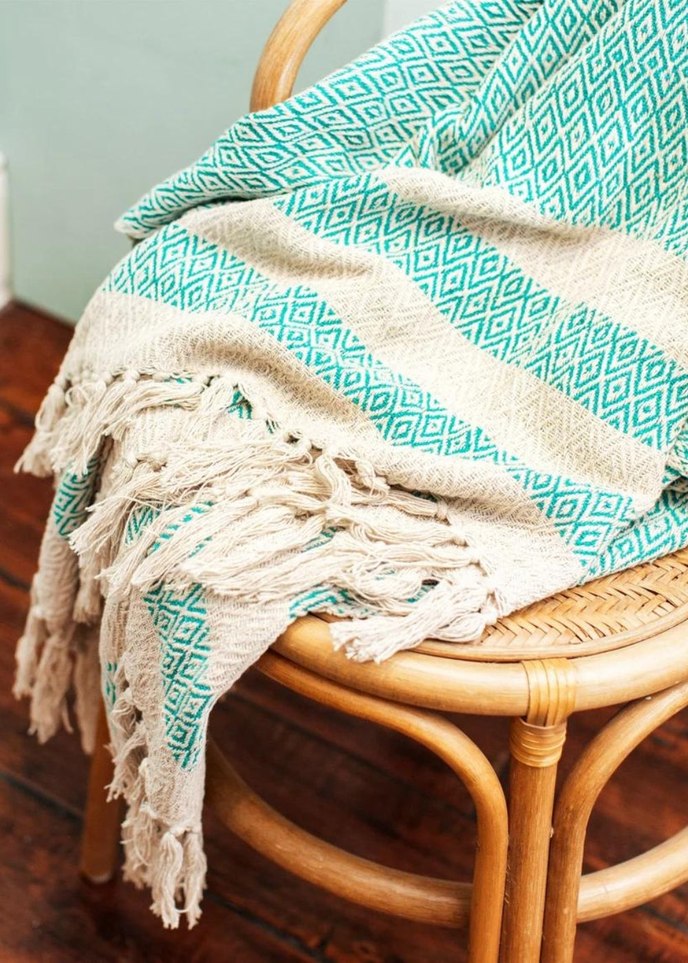 Turquoise Green Cotton Tassel Throw