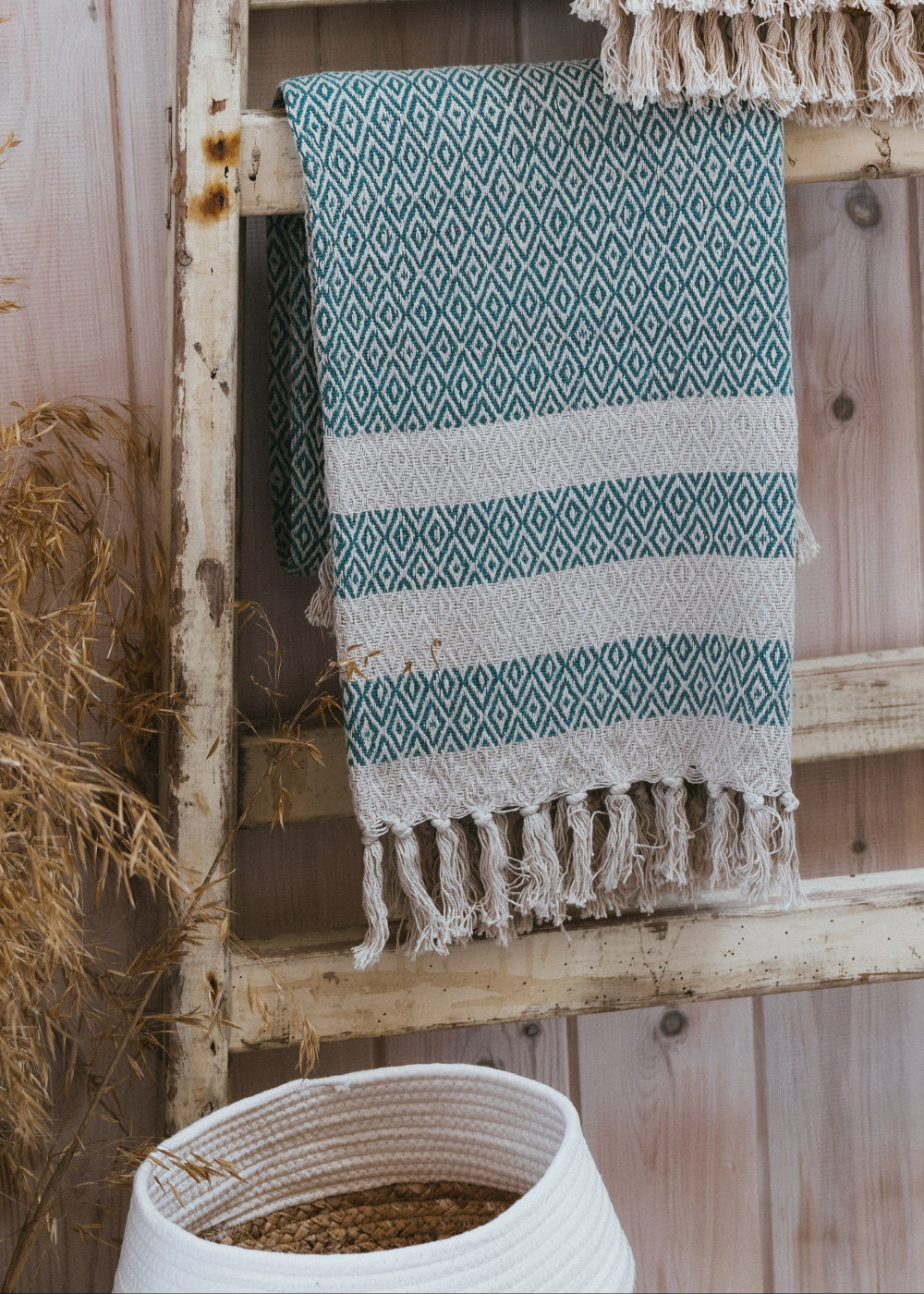 Turquoise Green Cotton Tassel Throw